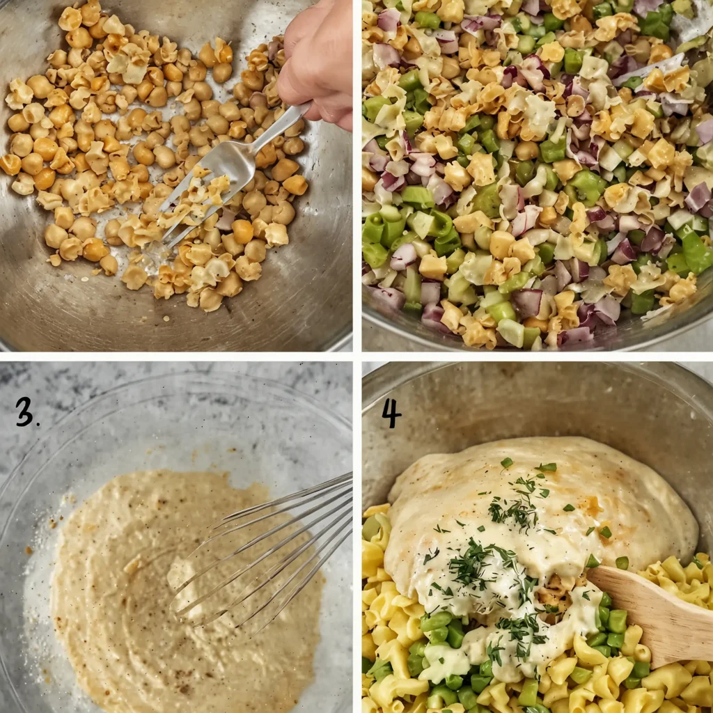 this image show the process of making vegan tuna pasta salad