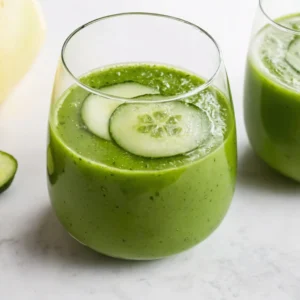 this image shows a glass full of Alkaline Green Juice that is garnish with cucumber