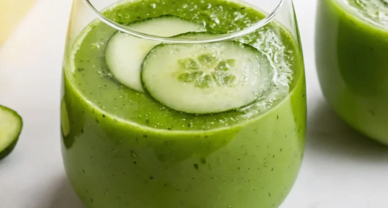 this image shows a glass full of Alkaline Green Juice that is garnish with cucumber