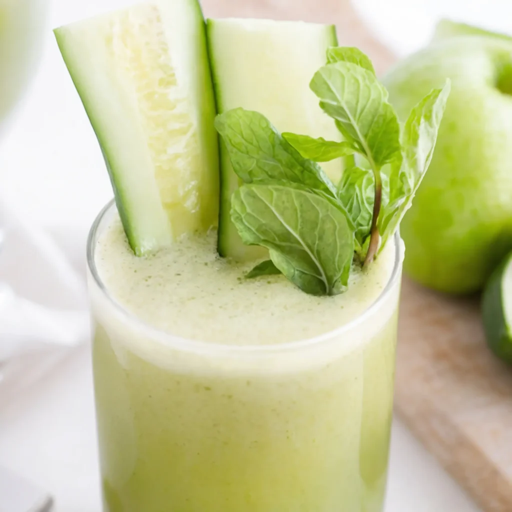this image shows a glass garnish with mint and cucumber and has cucumber mint juice inside