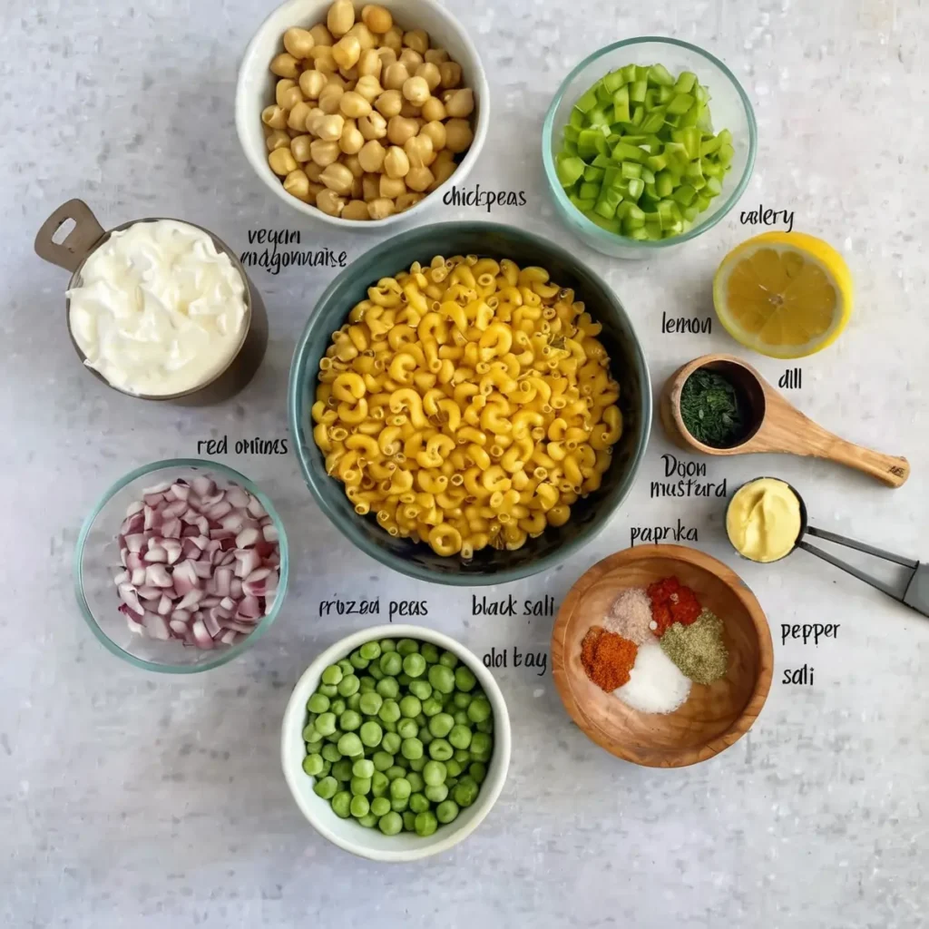 this image shows the Ingredients You'll Need to Prepare the Salad vegan tuna pasta salad