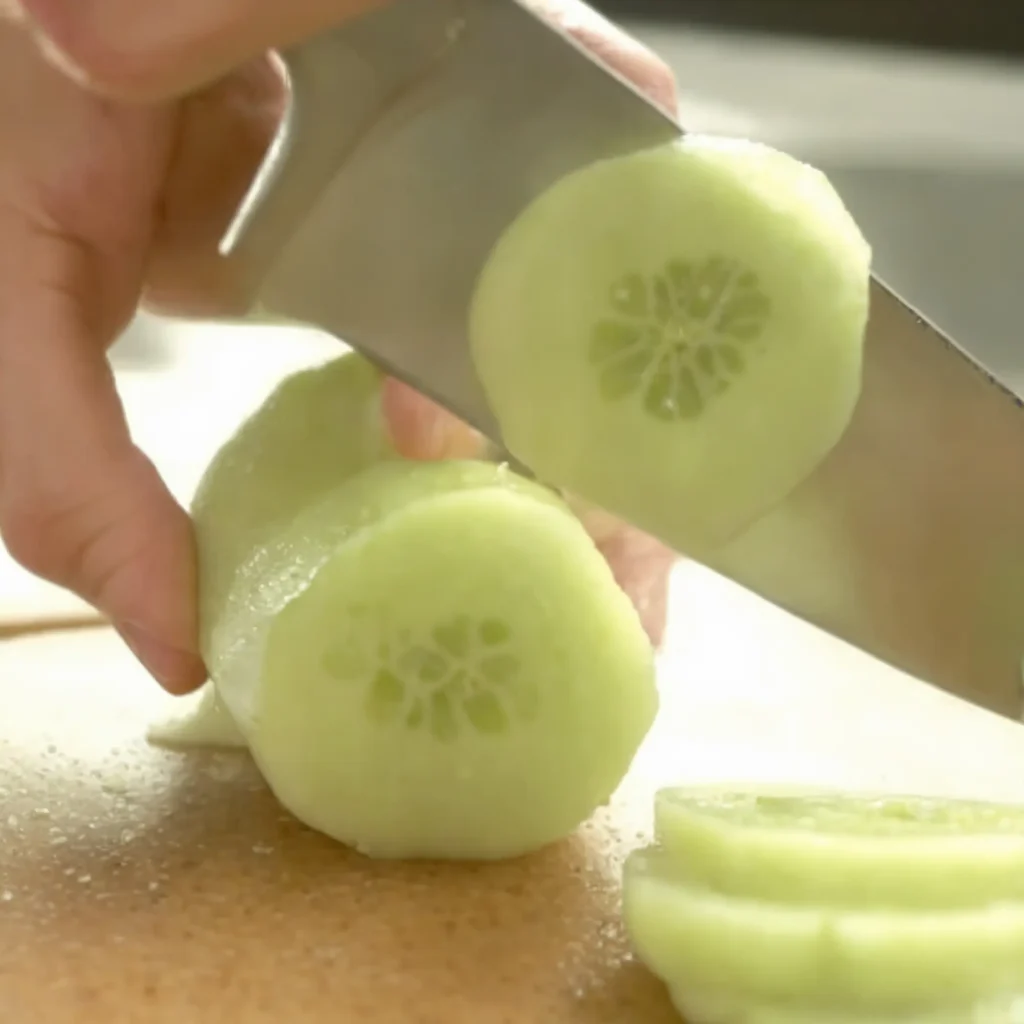 this image shows the cutting of cucumber by using knife