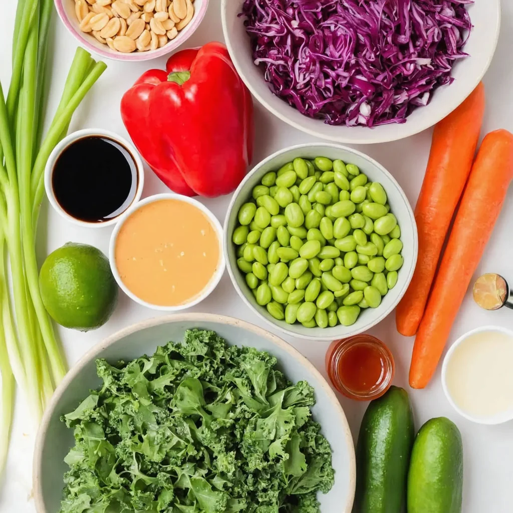 this image shows the ingredients used to make vegan edamame crunch salad