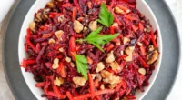 this image shows the making of raw vegan beet carrot salad