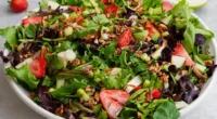 this image shows the process of making Vegan Strawberry Jicama Salad
