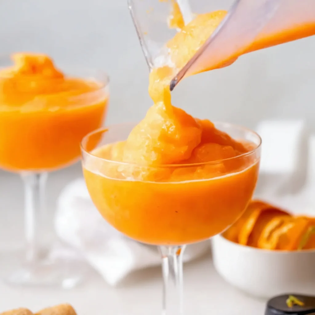 this image show a glass is being that is filled with Frozen Aperol Spritz With Frozen Oranges