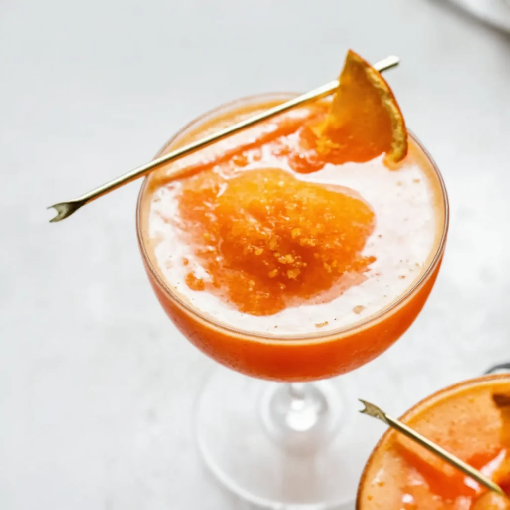 this image show the upper photo of a glass that is filled with Frozen Aperol Spritz With Frozen Oranges