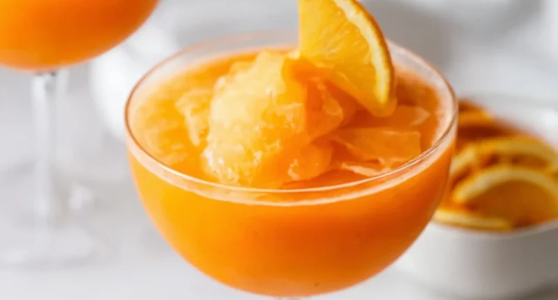 this image show a glass that is filled with Frozen Aperol Spritz With Frozen Oranges