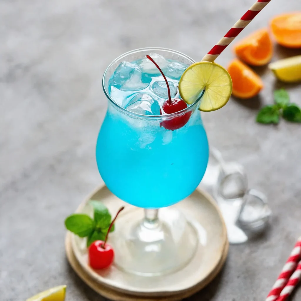 this image shows a glass full with Blue Lagoon Mocktail that is garnish with cherry