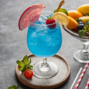 this image shows a glass full with Blue Lagoon Mocktail that is garnish with cherry and half cut lemon