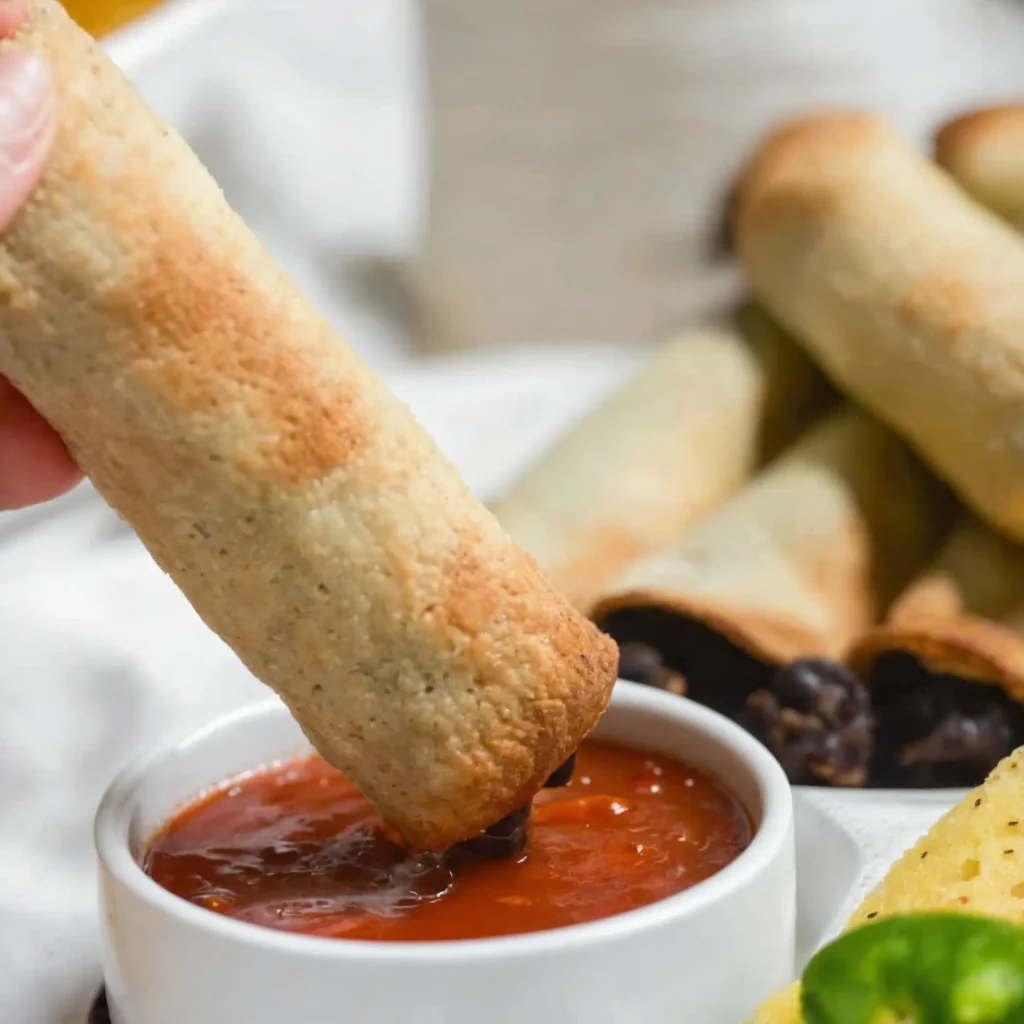 this-image-shows-the-Vegan-Black-Bean-Taquitos-Air-Fryer-dipped-in-red-sauce