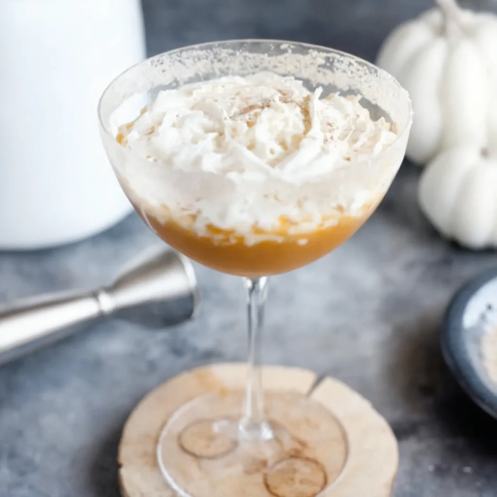 this image shows the left side view of a wine glass full with Pumpkin Spice Martini With Whipped Cream